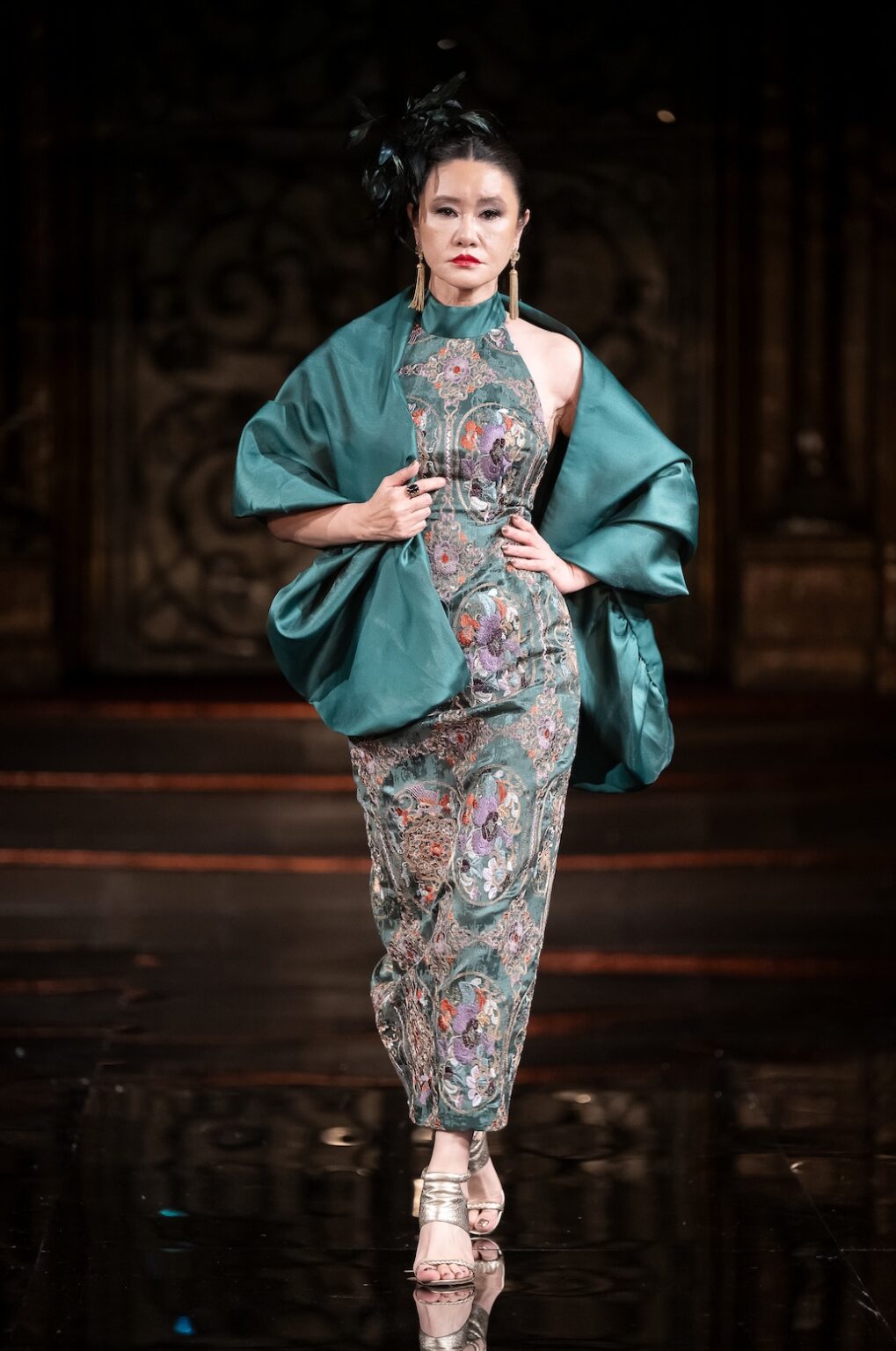NEW YORK, NEW YORK - FEBRUARY 12: A model walks the runway at the Jingbo Yang show during New York Fashion Week Powered By Art Hearts Fashion at The Angel Orensanz Foundation on February 12, 2026 in New York City. (Photo by Mark Gunter/Getty Images for Art Hearts Fashion)