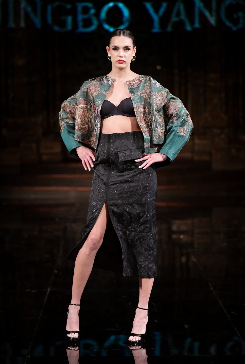 NEW YORK, NEW YORK - FEBRUARY 12: A model walks the runway at the Jingbo Yang show during New York Fashion Week Powered By Art Hearts Fashion at The Angel Orensanz Foundation on February 12, 2026 in New York City. (Photo by Mark Gunter/Getty Images for Art Hearts Fashion)