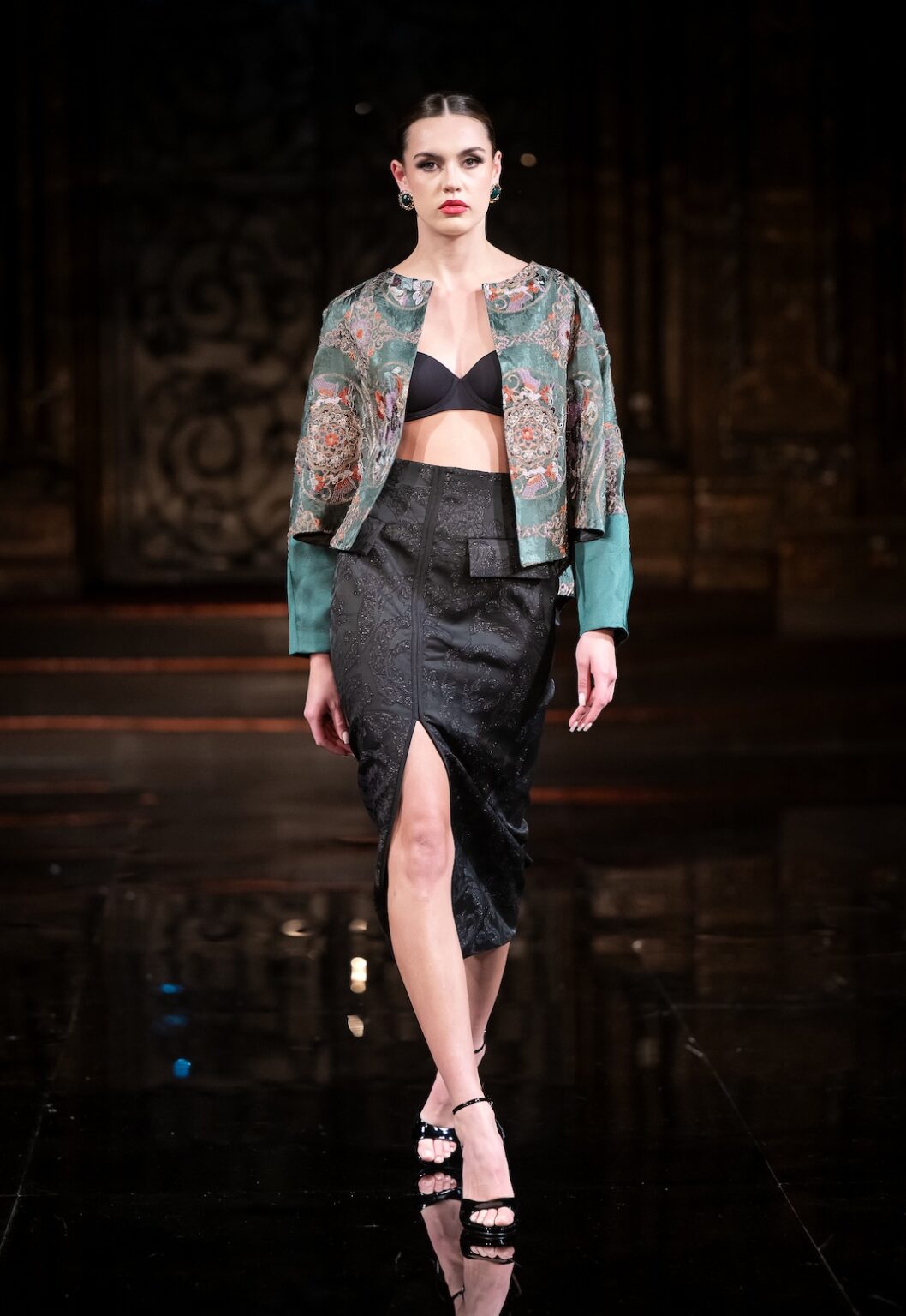 NEW YORK, NEW YORK - FEBRUARY 12: A model walks the runway at the Jingbo Yang show during New York Fashion Week Powered By Art Hearts Fashion at The Angel Orensanz Foundation on February 12, 2026 in New York City. (Photo by Mark Gunter/Getty Images for Art Hearts Fashion)