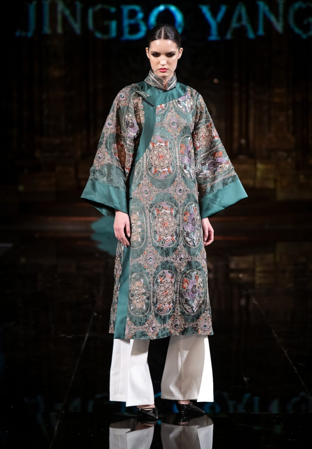NEW YORK, NEW YORK - FEBRUARY 12: A model walks the runway at the Jingbo Yang show during New York Fashion Week Powered By Art Hearts Fashion at The Angel Orensanz Foundation on February 12, 2026 in New York City. (Photo by Mark Gunter/Getty Images for Art Hearts Fashion)