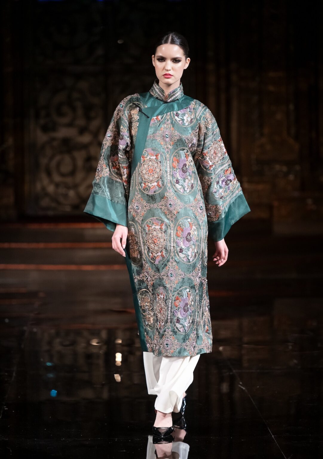 NEW YORK, NEW YORK - FEBRUARY 12: A model walks the runway at the Jingbo Yang show during New York Fashion Week Powered By Art Hearts Fashion at The Angel Orensanz Foundation on February 12, 2026 in New York City. (Photo by Mark Gunter/Getty Images for Art Hearts Fashion)