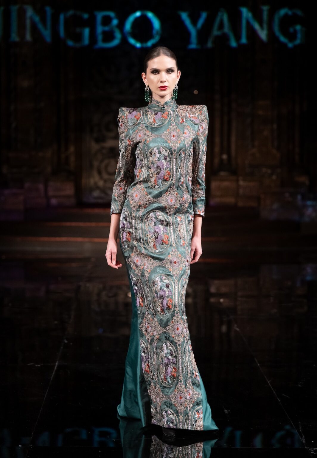 NEW YORK, NEW YORK - FEBRUARY 12: A model walks the runway at the Jingbo Yang show during New York Fashion Week Powered By Art Hearts Fashion at The Angel Orensanz Foundation on February 12, 2026 in New York City. (Photo by Mark Gunter/Getty Images for Art Hearts Fashion)