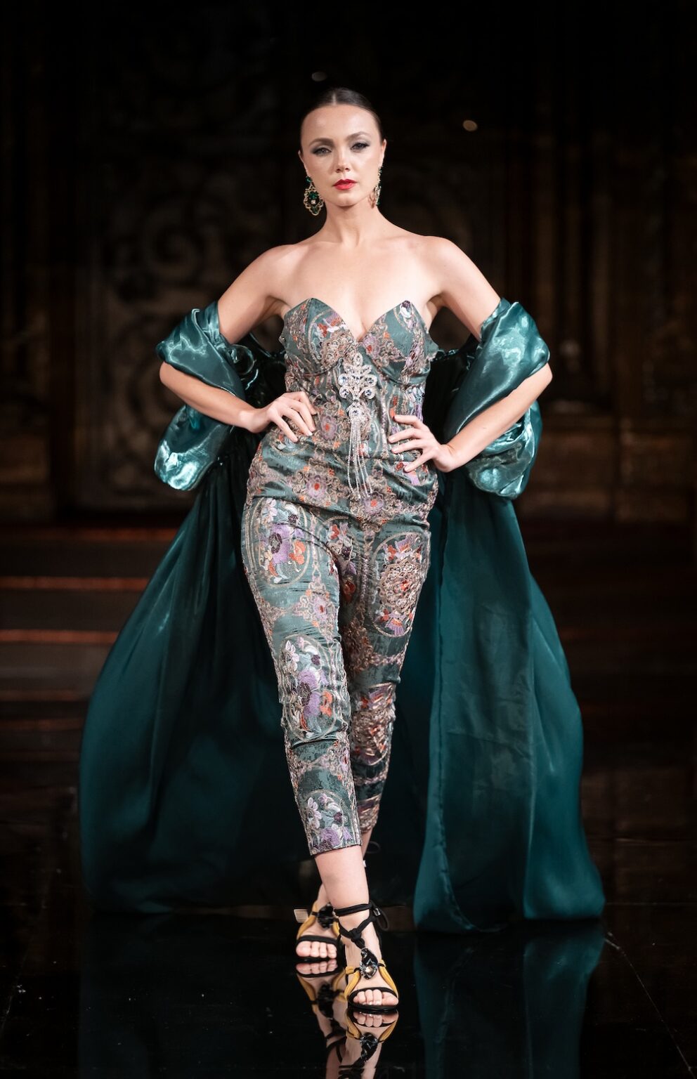 NEW YORK, NEW YORK - FEBRUARY 12: A model walks the runway at the Jingbo Yang show during New York Fashion Week Powered By Art Hearts Fashion at The Angel Orensanz Foundation on February 12, 2026 in New York City. (Photo by Mark Gunter/Getty Images for Art Hearts Fashion)