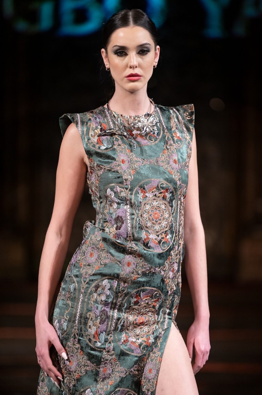 NEW YORK, NEW YORK - FEBRUARY 12: A model walks the runway at the Jingbo Yang show during New York Fashion Week Powered By Art Hearts Fashion at The Angel Orensanz Foundation on February 12, 2026 in New York City. (Photo by Mark Gunter/Getty Images for Art Hearts Fashion)