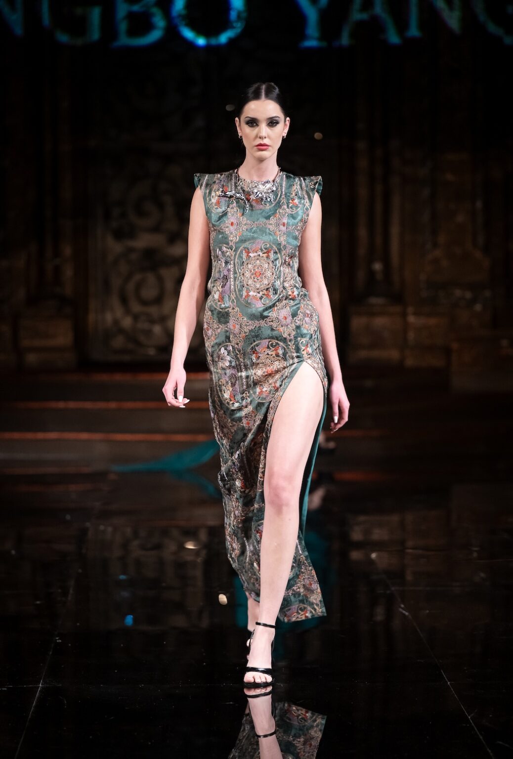 NEW YORK, NEW YORK - FEBRUARY 12: A model walks the runway at the Jingbo Yang show during New York Fashion Week Powered By Art Hearts Fashion at The Angel Orensanz Foundation on February 12, 2026 in New York City. (Photo by Mark Gunter/Getty Images for Art Hearts Fashion)