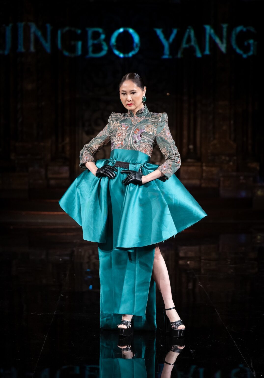NEW YORK, NEW YORK - FEBRUARY 12: A model walks the runway at the Jingbo Yang show during New York Fashion Week Powered By Art Hearts Fashion at The Angel Orensanz Foundation on February 12, 2026 in New York City. (Photo by Mark Gunter/Getty Images for Art Hearts Fashion)