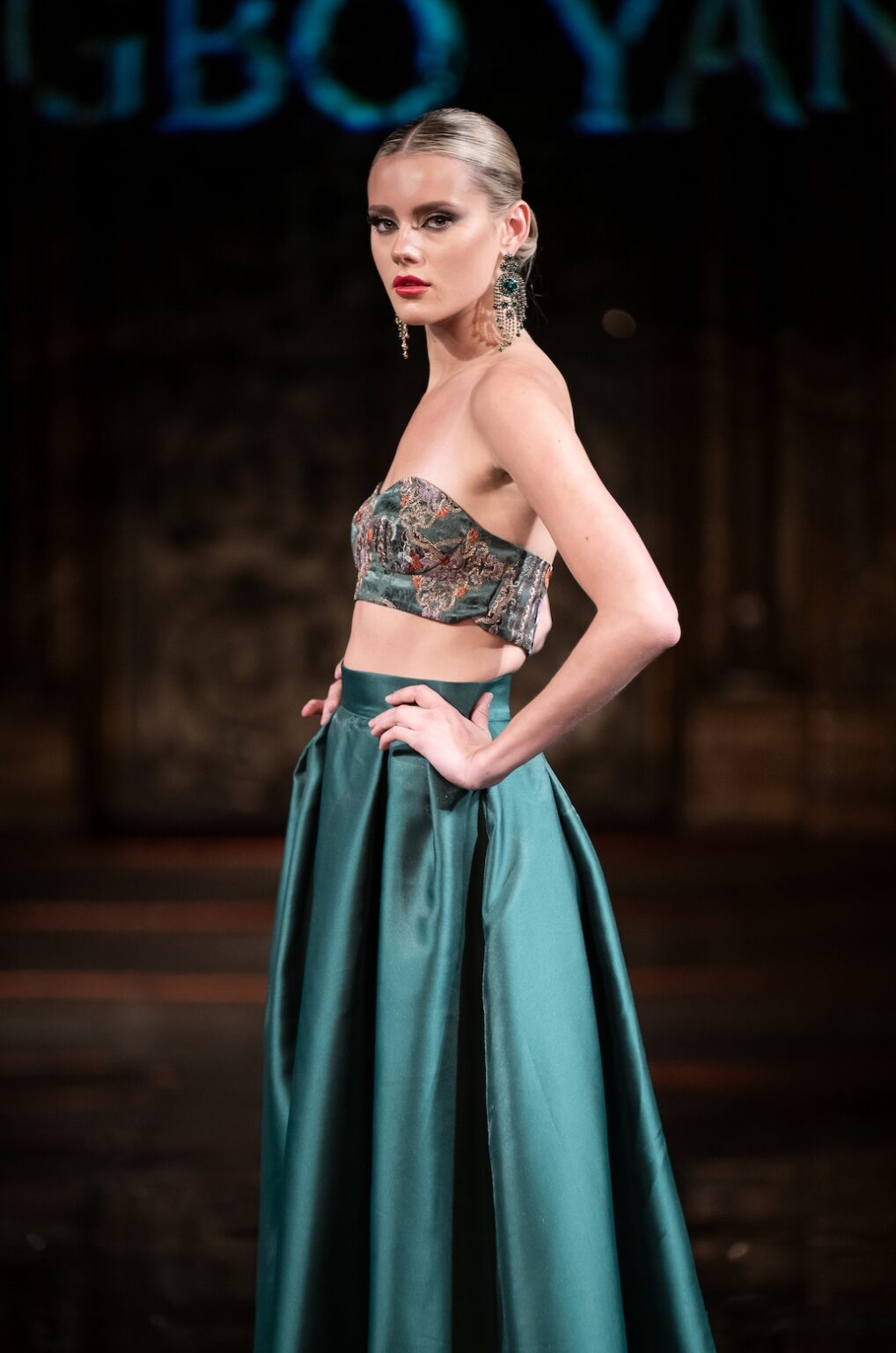NEW YORK, NEW YORK - FEBRUARY 12: A model walks the runway at the Jingbo Yang show during New York Fashion Week Powered By Art Hearts Fashion at The Angel Orensanz Foundation on February 12, 2026 in New York City. (Photo by Mark Gunter/Getty Images for Art Hearts Fashion)