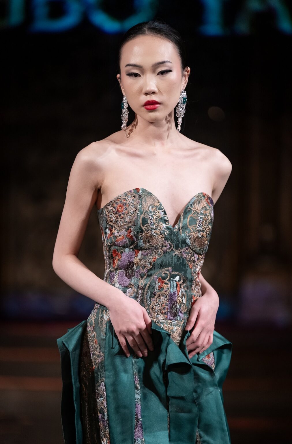 NEW YORK, NEW YORK - FEBRUARY 12: A model walks the runway at the Jingbo Yang show during New York Fashion Week Powered By Art Hearts Fashion at The Angel Orensanz Foundation on February 12, 2026 in New York City. (Photo by Mark Gunter/Getty Images for Art Hearts Fashion)