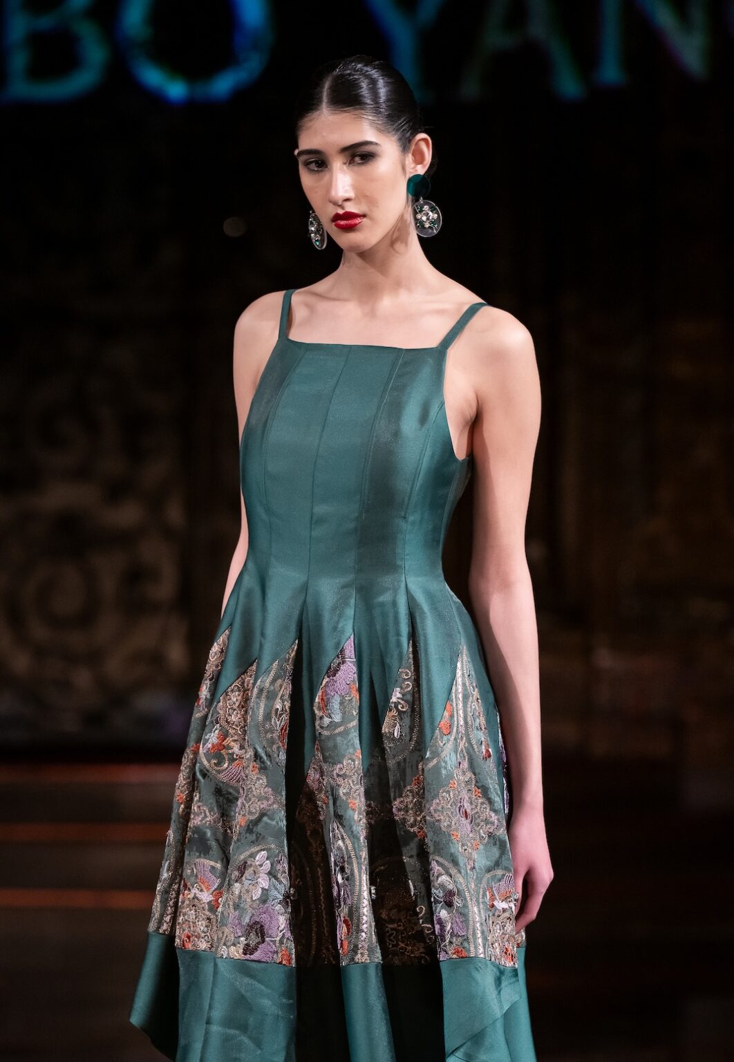 NEW YORK, NEW YORK - FEBRUARY 12: A model walks the runway at the Jingbo Yang show during New York Fashion Week Powered By Art Hearts Fashion at The Angel Orensanz Foundation on February 12, 2026 in New York City. (Photo by Mark Gunter/Getty Images for Art Hearts Fashion)