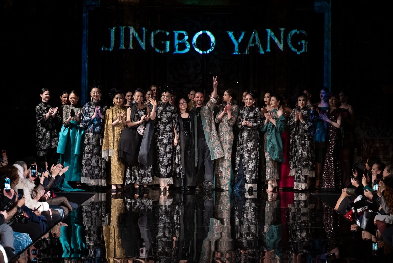 NEW YORK, NEW YORK - FEBRUARY 12: Designer Jingbo Yang, Erik Rosete, and models walk the runway at the Jingbo Yang show during New York Fashion Week Powered By Art Hearts Fashion at The Angel Orensanz Foundation on February 12, 2026 in New York City. (Photo by Mark Gunter/Getty Images for Art Hearts Fashion)