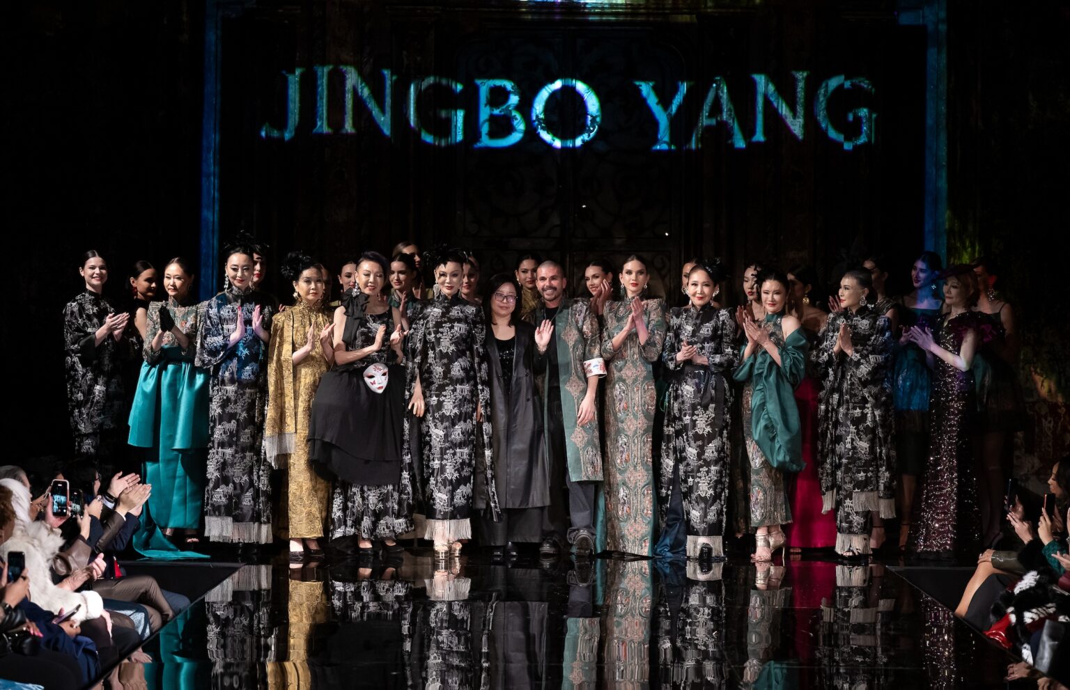 NEW YORK, NEW YORK - FEBRUARY 12: Designer Jingbo Yang, Erik Rosete, and models walk the runway at the Jingbo Yang show during New York Fashion Week Powered By Art Hearts Fashion at The Angel Orensanz Foundation on February 12, 2026 in New York City. (Photo by Mark Gunter/Getty Images for Art Hearts Fashion)