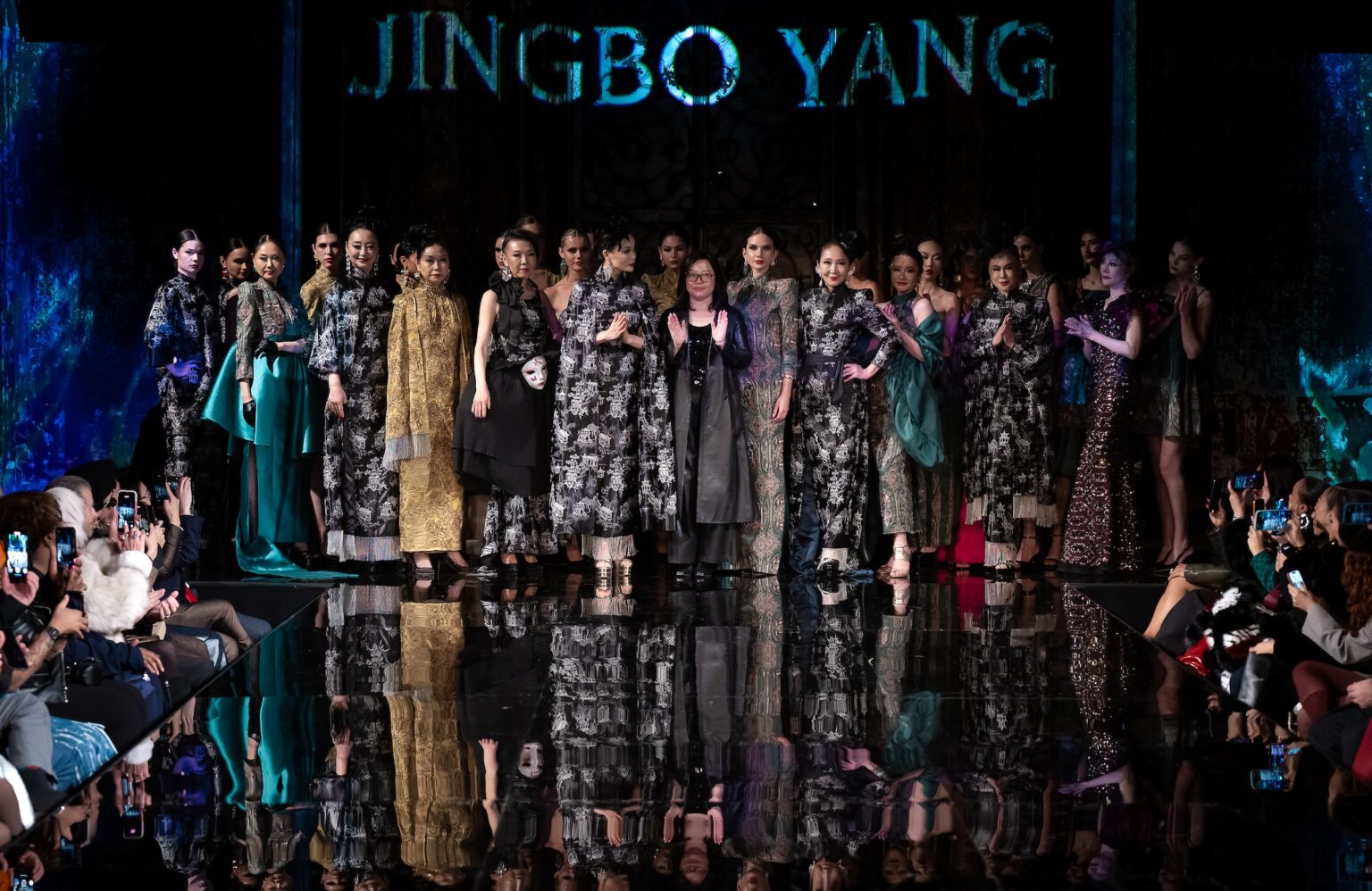 NEW YORK, NEW YORK - FEBRUARY 12: Designer Jingbo Yang and models walk the runway at the Jingbo Yang show during New York Fashion Week Powered By Art Hearts Fashion at The Angel Orensanz Foundation on February 12, 2026 in New York City. (Photo by Mark Gunter/Getty Images for Art Hearts Fashion)