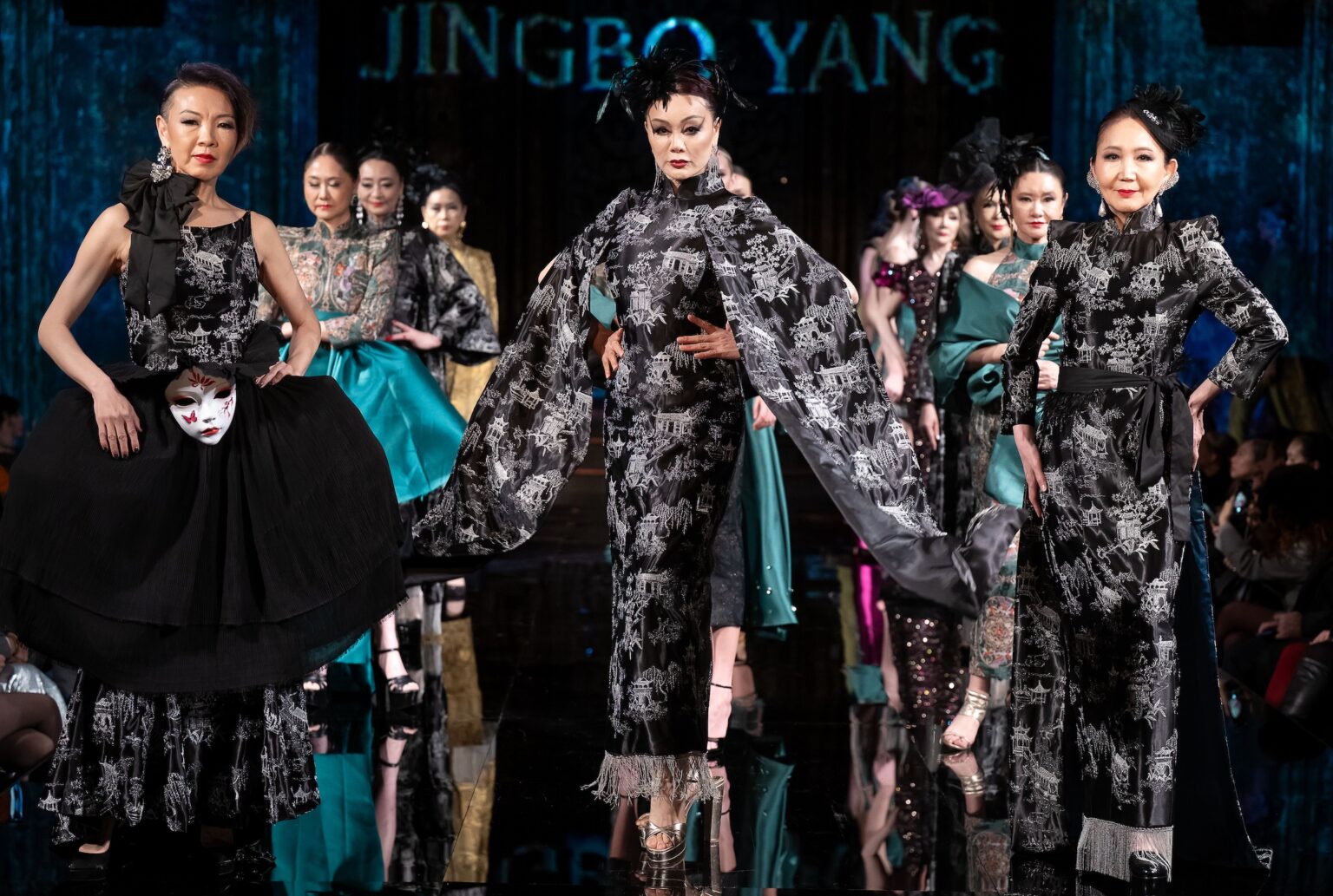 NEW YORK, NEW YORK - FEBRUARY 12: Models walk the runway at the Jingbo Yang show during New York Fashion Week Powered By Art Hearts Fashion at The Angel Orensanz Foundation on February 12, 2026 in New York City. (Photo by Mark Gunter/Getty Images for Art Hearts Fashion)