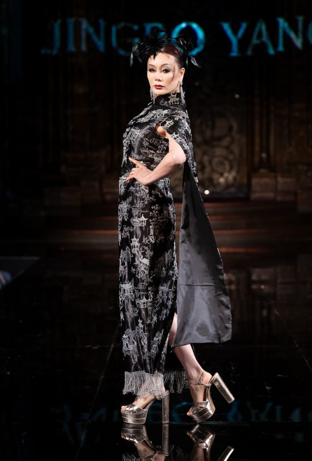 NEW YORK, NEW YORK - FEBRUARY 12: A model walks the runway at the Jingbo Yang show during New York Fashion Week Powered By Art Hearts Fashion at The Angel Orensanz Foundation on February 12, 2026 in New York City. (Photo by Mark Gunter/Getty Images for Art Hearts Fashion)