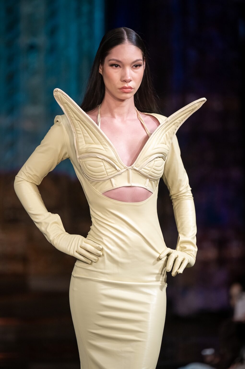 NEW YORK, NEW YORK - FEBRUARY 13: A model walks the runway at the Merlin Castell show during New York Fashion Week Powered By Art Hearts Fashion at The Angel Orensanz Foundation on February 13, 2026 in New York City.  (Photo by Mark Gunter/Getty Images for Art Hearts Fashion)