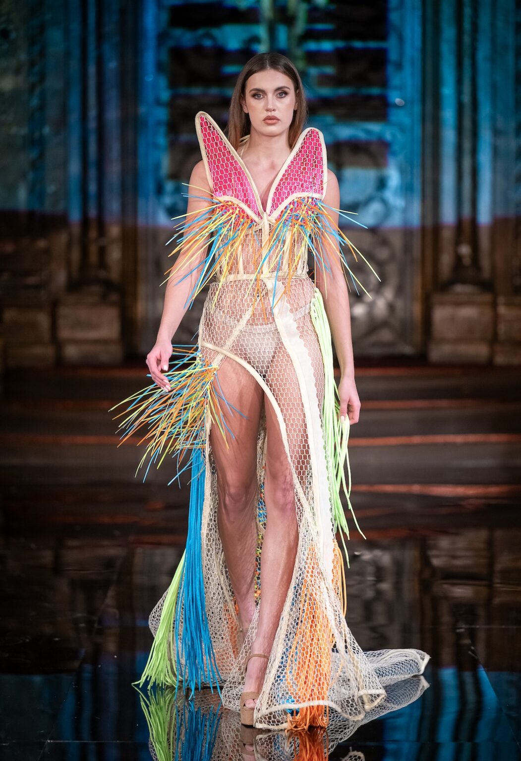 NEW YORK, NEW YORK - FEBRUARY 13: A model walks the runway at the Merlin Castell show during New York Fashion Week Powered By Art Hearts Fashion at The Angel Orensanz Foundation on February 13, 2026 in New York City.  (Photo by Mark Gunter/Getty Images for Art Hearts Fashion)