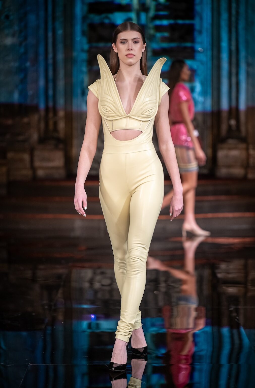 NEW YORK, NEW YORK - FEBRUARY 13: A model walks the runway at the Merlin Castell show during New York Fashion Week Powered By Art Hearts Fashion at The Angel Orensanz Foundation on February 13, 2026 in New York City.  (Photo by Mark Gunter/Getty Images for Art Hearts Fashion)