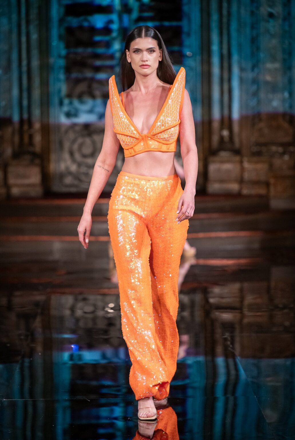 NEW YORK, NEW YORK - FEBRUARY 13: A model walks the runway at the Merlin Castell show during New York Fashion Week Powered By Art Hearts Fashion at The Angel Orensanz Foundation on February 13, 2026 in New York City.  (Photo by Mark Gunter/Getty Images for Art Hearts Fashion)
