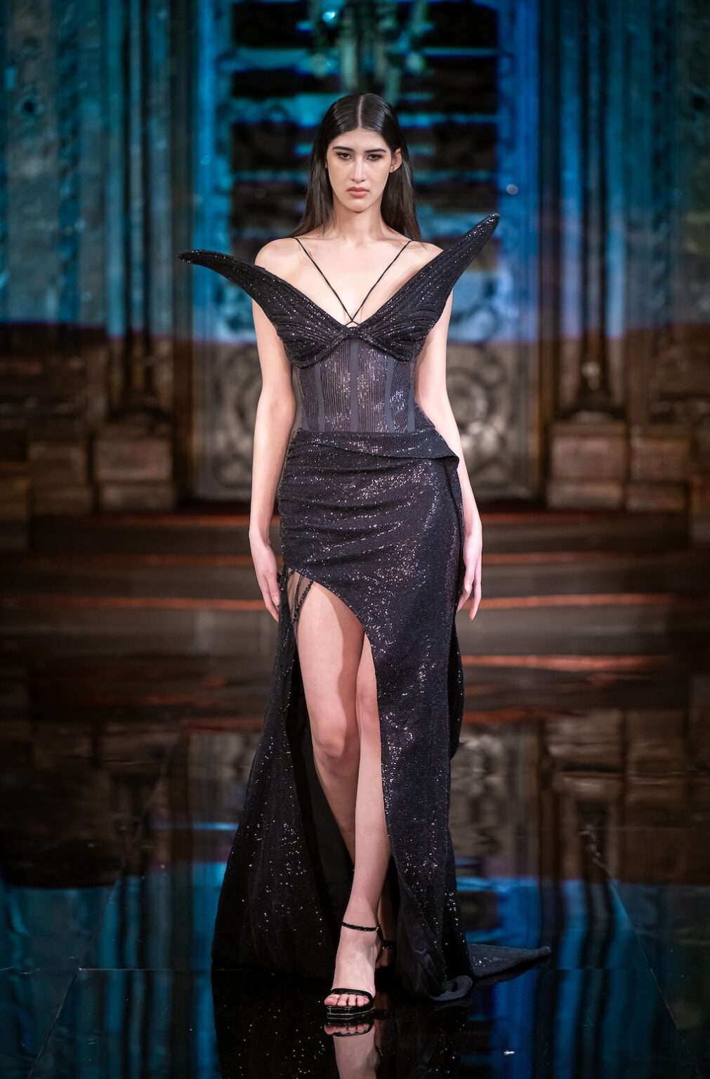 NEW YORK, NEW YORK - FEBRUARY 13: A model walks the runway at the Merlin Castell show during New York Fashion Week Powered By Art Hearts Fashion at The Angel Orensanz Foundation on February 13, 2026 in New York City.  (Photo by Mark Gunter/Getty Images for Art Hearts Fashion)