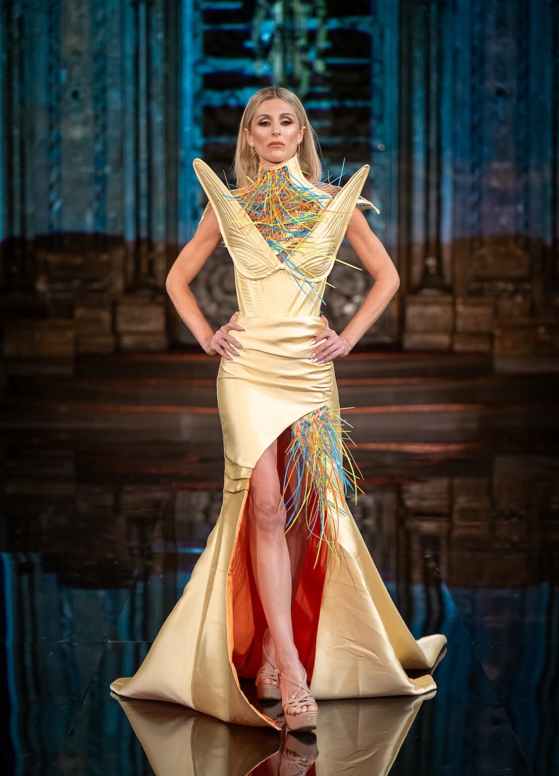 NEW YORK, NEW YORK - FEBRUARY 13: A model walks the runway at the Merlin Castell show during New York Fashion Week Powered By Art Hearts Fashion at The Angel Orensanz Foundation on February 13, 2026 in New York City. (Photo by Mark Gunter/Getty Images for Art Hearts Fashion)