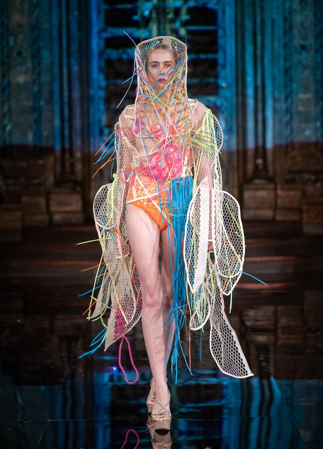 NEW YORK, NEW YORK - FEBRUARY 13: A model walks the runway at the Merlin Castell show during New York Fashion Week Powered By Art Hearts Fashion at The Angel Orensanz Foundation on February 13, 2026 in New York City. (Photo by Mark Gunter/Getty Images for Art Hearts Fashion)
