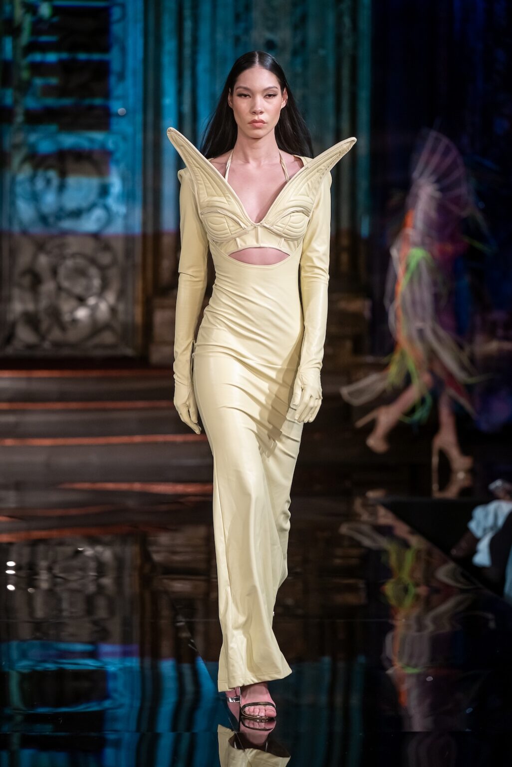 NEW YORK, NEW YORK - FEBRUARY 13: A model walks the runway at the Merlin Castell show during New York Fashion Week Powered By Art Hearts Fashion at The Angel Orensanz Foundation on February 13, 2026 in New York City. (Photo by Mark Gunter/Getty Images for Art Hearts Fashion)