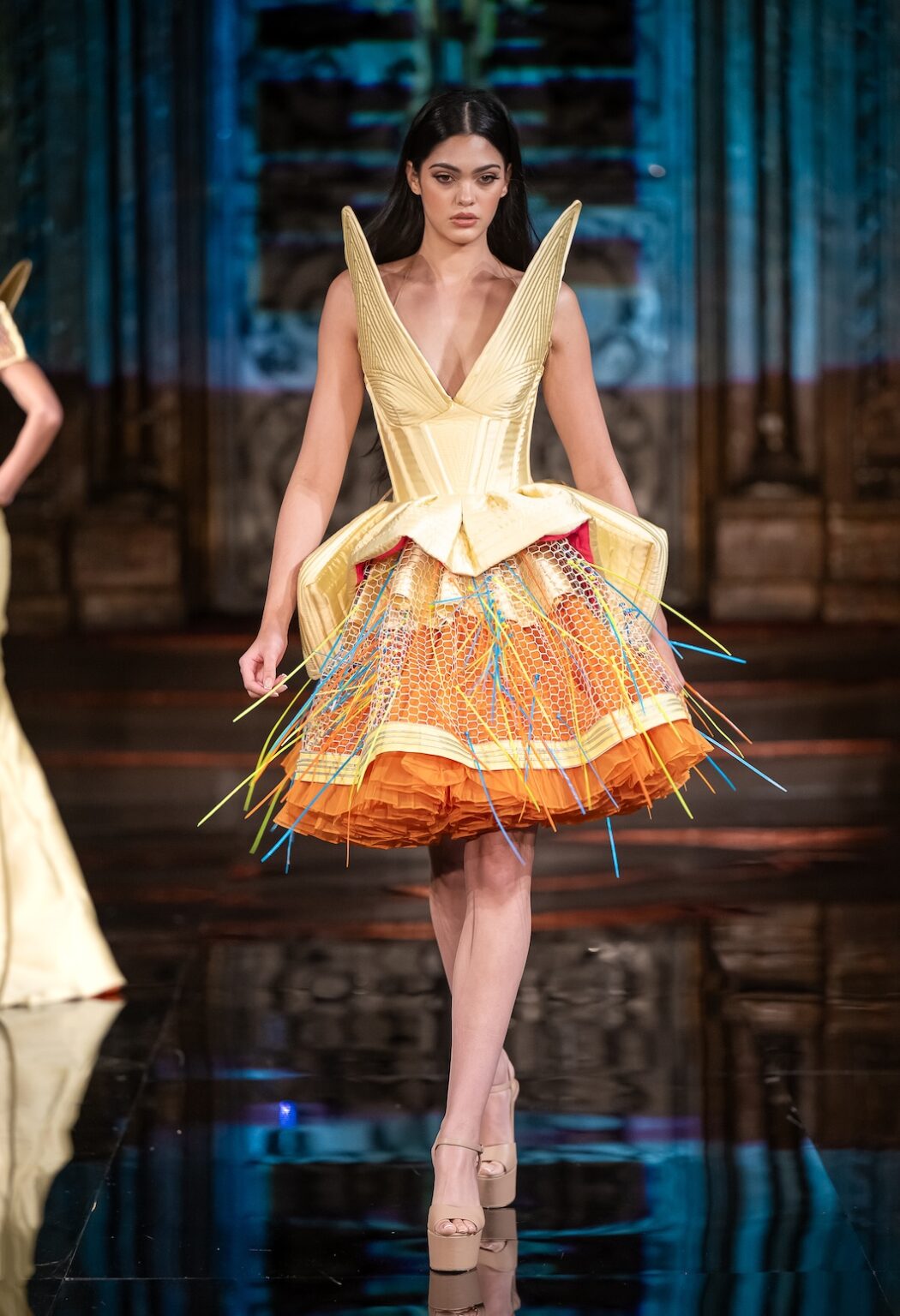 NEW YORK, NEW YORK - FEBRUARY 13: A model walks the runway at the Merlin Castell show during New York Fashion Week Powered By Art Hearts Fashion at The Angel Orensanz Foundation on February 13, 2026 in New York City.  (Photo by Mark Gunter/Getty Images for Art Hearts Fashion)