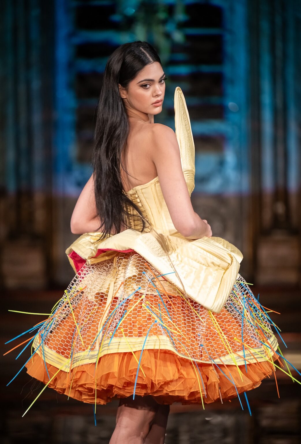 NEW YORK, NEW YORK - FEBRUARY 13: A model walks the runway at the Merlin Castell show during New York Fashion Week Powered By Art Hearts Fashion at The Angel Orensanz Foundation on February 13, 2026 in New York City.  (Photo by Mark Gunter/Getty Images for Art Hearts Fashion)