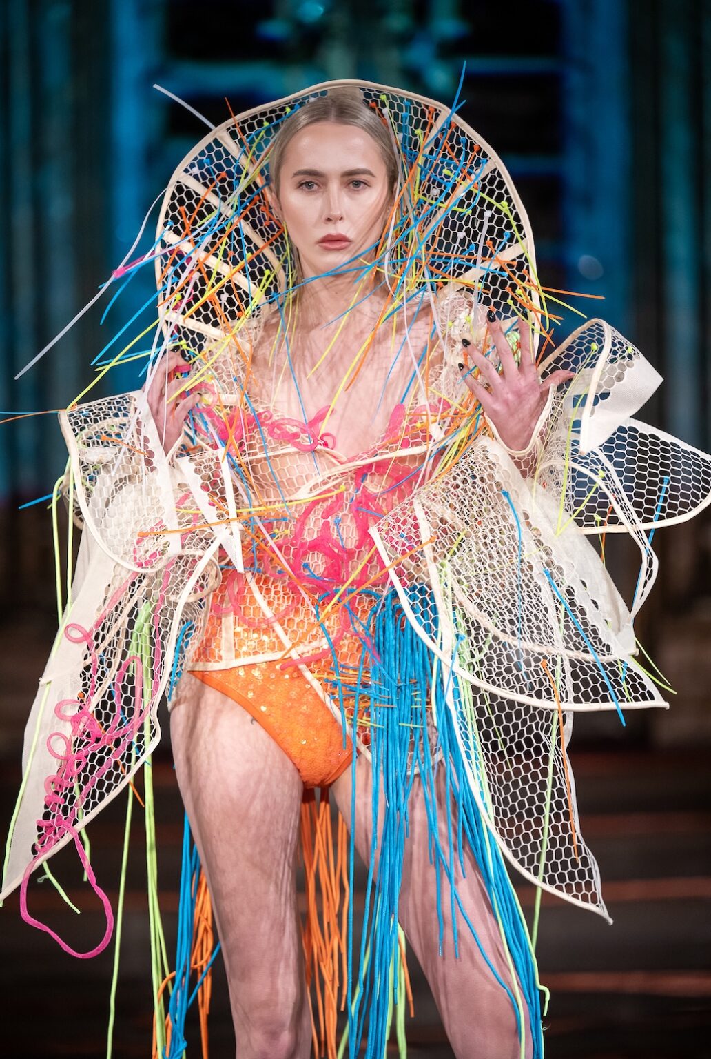 NEW YORK, NEW YORK - FEBRUARY 13: A model walks the runway at the Merlin Castell show during New York Fashion Week Powered By Art Hearts Fashion at The Angel Orensanz Foundation on February 13, 2026 in New York City.  (Photo by Mark Gunter/Getty Images for Art Hearts Fashion)
