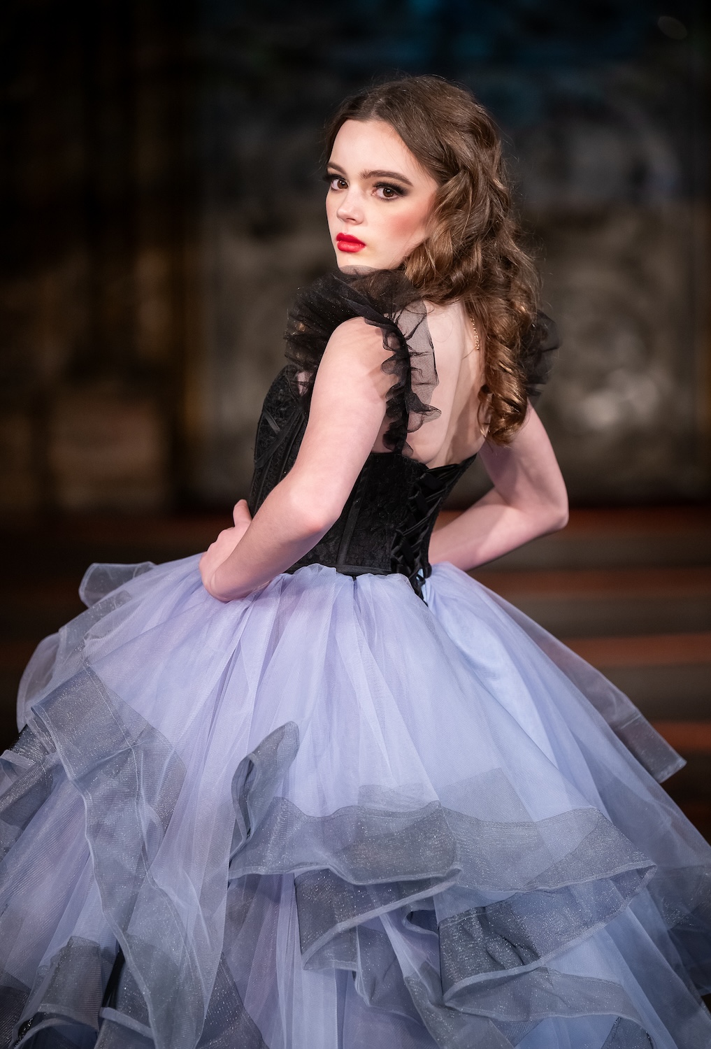 NEW YORK, NEW YORK - FEBRUARY 13: A model walks the runway at the Mila Hoffman show during New York Fashion Week Powered By Art Hearts Fashion at The Angel Orensanz Foundation on February 13, 2026 in New York City.  (Photo by Mark Gunter/Getty Images for Art Hearts Fashion)