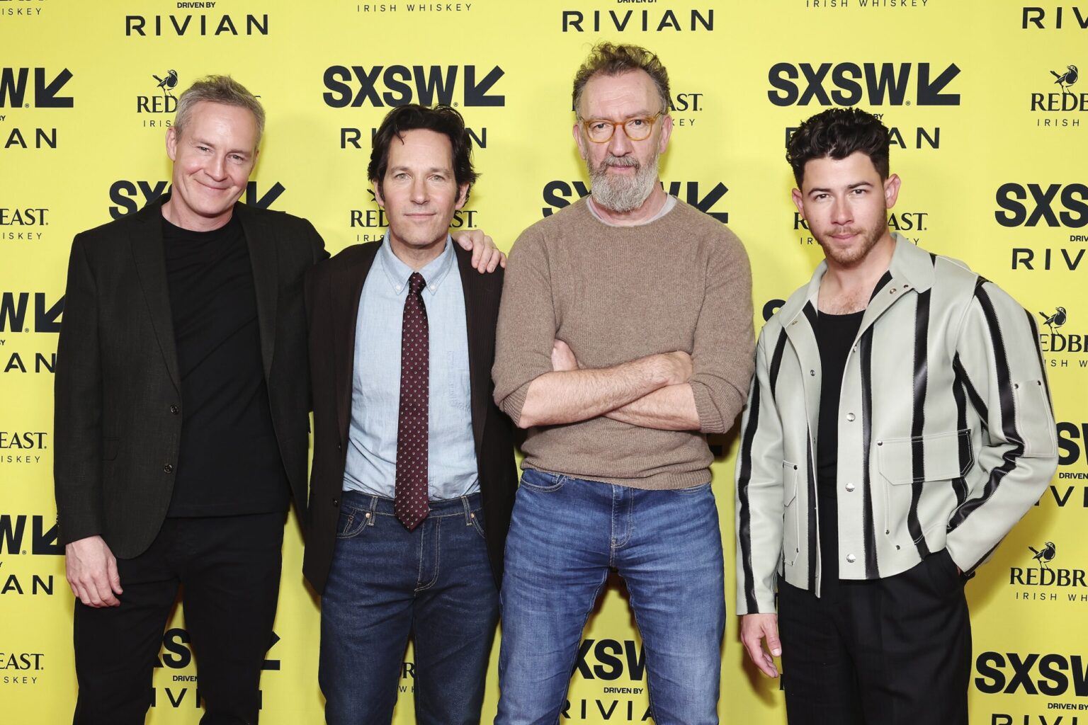 AUSTIN, TEXAS - MARCH 14: (L-R) Peter McDonald, Paul Rudd, John Carney and Nick Jonas attend the premiere of "Power Ballad" during SXSW at The Paramount Theatre on March 14, 2026 in Austin, Texas. (Photo by Robin Marchant/Getty Images for Lionsgate)