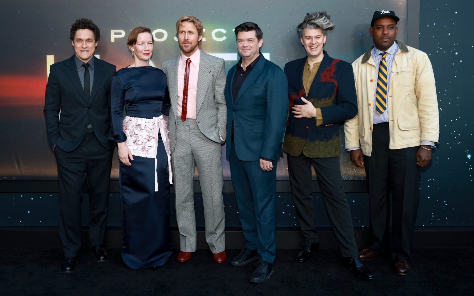 NEW YORK, NEW YORK - MARCH 18: (L-R) Phil Lord, Sandra Hüller, Ryan Gosling, Chris Miller, James Ortiz and Lionel Boyce attends the "Project Hail Mary" New York Premiere at Josie Robertson Plaza at Lincoln Center on March 18, 2026 in New York City. (Photo by Jason Mendez/Getty Images for Amazon MGM Studios)