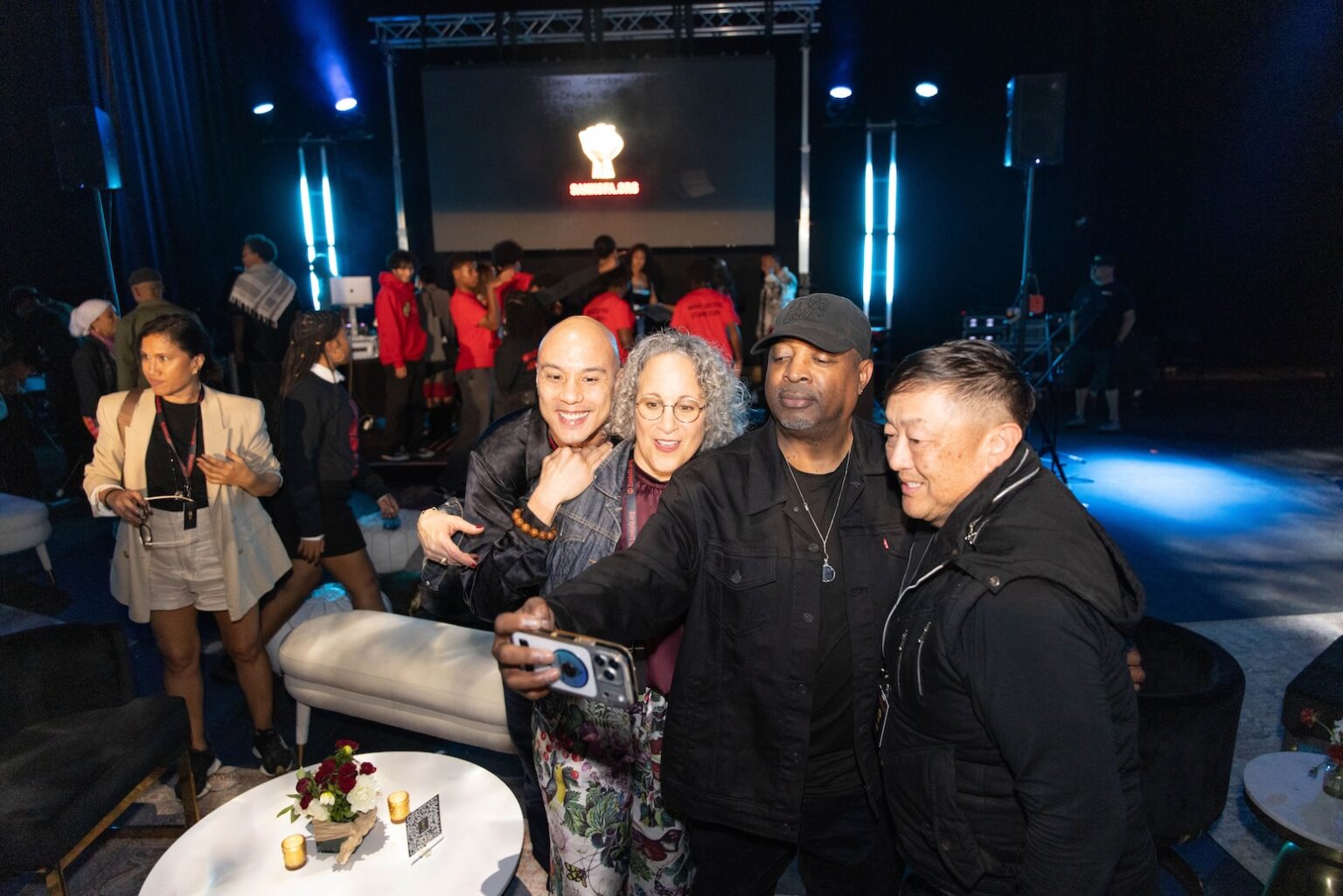 LOS ANGELES, CALIFORNIA - MARCH 1: L-R: Gina Belafonte, Chuck D and guest pose at the inaugural Sankofa.org Social Justice Awards at Chaplin Studios on March 1, 2026 in Los Angeles, California. (Photo by Todd Westphal / Sankofa.org)