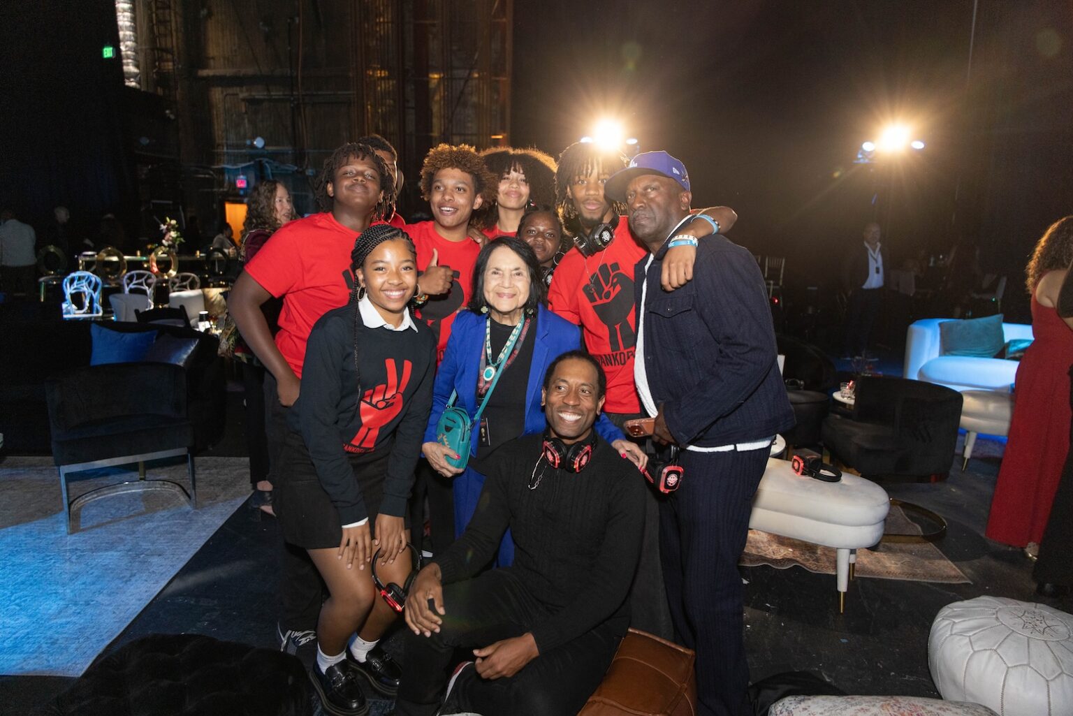 LOS ANGELES, CALIFORNIA - MARCH 1: Activist Dolores Huerta pose with members of the Fernando Pullum Community Arts Center Choir at the inaugural Sankofa.org Social Justice Awards at Chaplin Studios on March 1, 2026 in Los Angeles, California. (Photo by Todd Westphal / Sankofa.org)