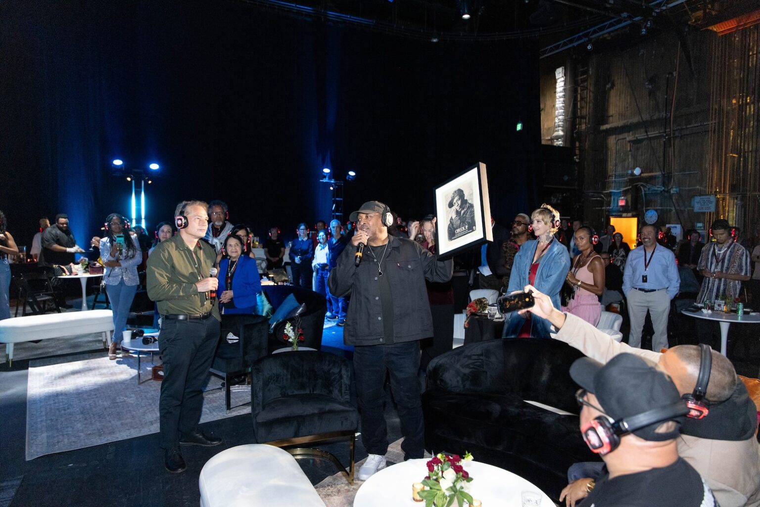 LOS ANGELES, CALIFORNIA - MARCH 1: Shepard Fairey presents handmade award to Chuck D during the inaugural Sankofa.org Social Justice Awards at Chaplin Studios on March 1, 2026 in Los Angeles, California. (Photo by Todd Westphal / Sankofa.org)