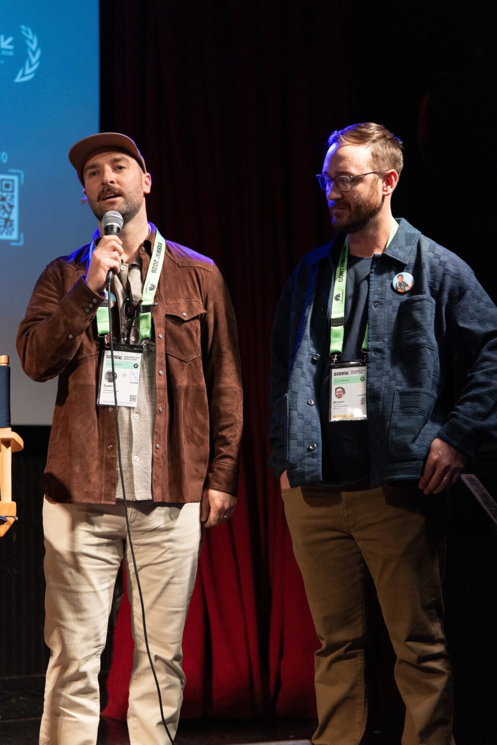 AUSTIN, TEXAS - MARCH 12: (L-R) Dustin Devin and Winston Macdonald speak during Human Change presents the world premiere reception and fireside chat of "Your Attention Please" during the 2026 SXSW Conference and Festival at Alamo Drafthouse South Lamar on March 12, 2026 in Austin, Texas. (Photo by Rick Kern/Getty Images for "Your Attention Please")