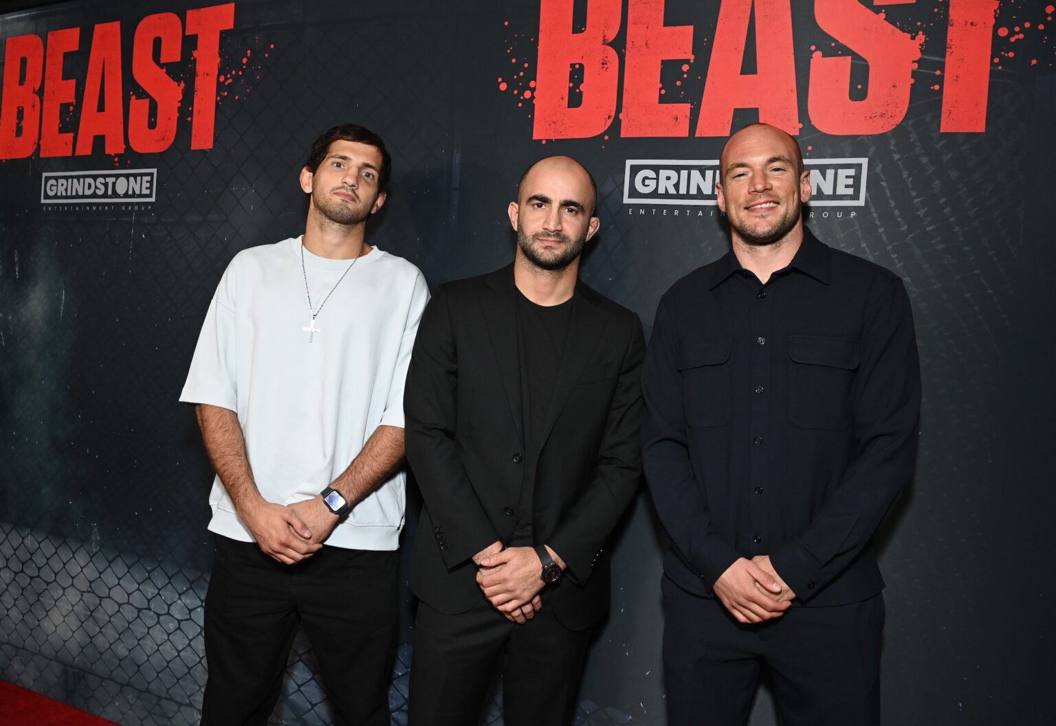 INGLEWOOD, CALIFORNIA - APRIL 08: (L-R) Vinicius Cenci, Giga Chikadze and Uros Medic attend "Beast" Los Angeles Special Screening at Cosm Los Angeles on April 08, 2026 in Inglewood, California. (Photo by Jon Kopaloff/Getty Images for Lionsgate/Grindstone)