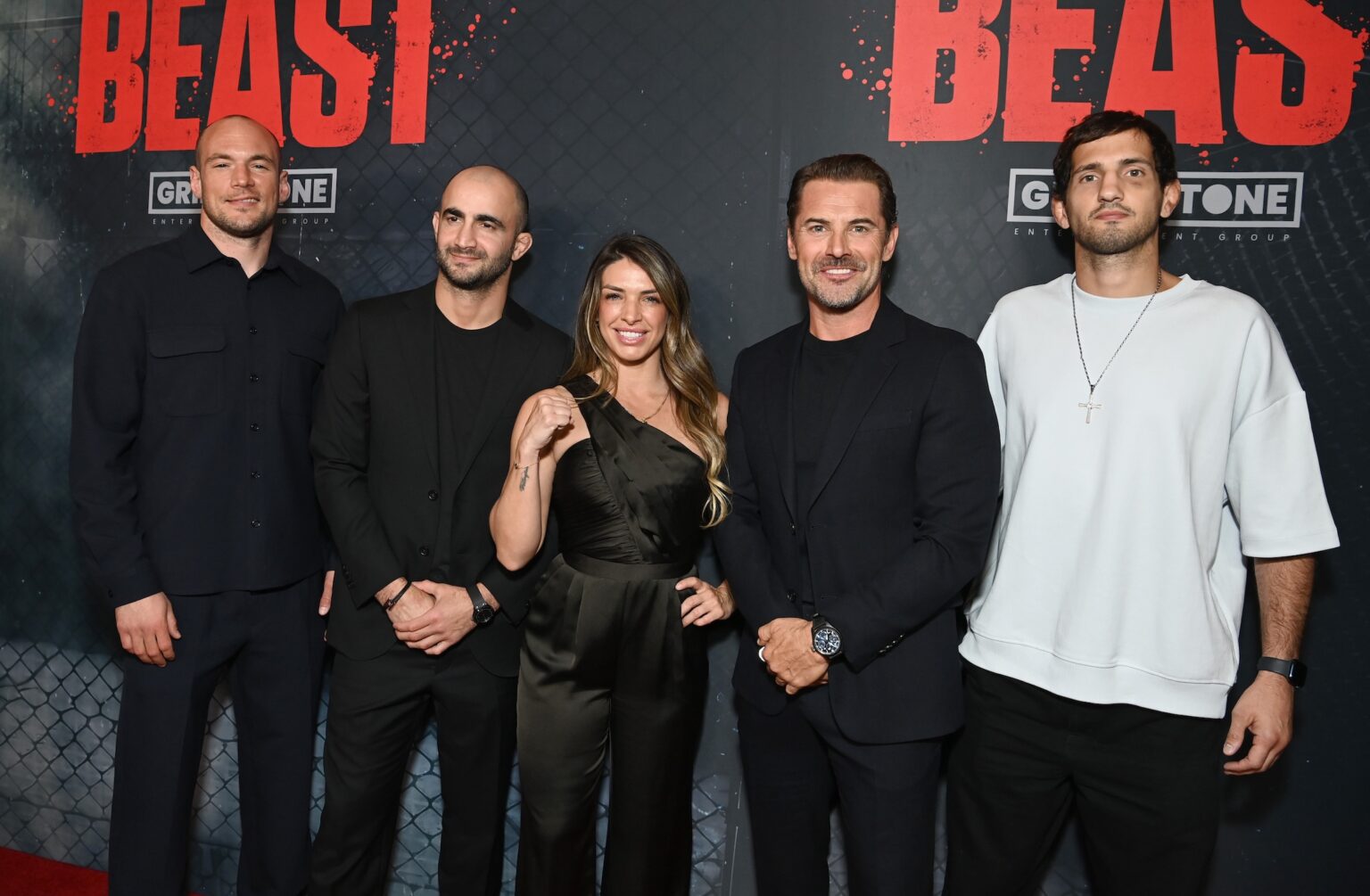 INGLEWOOD, CALIFORNIA - APRIL 08: (L-R) Uros Medic, Giga Chikadze, Mackenzie Dern, Daniel MacPherson and Vinicius Cenci attend "Beast" Los Angeles Special Screening at Cosm Los Angeles on April 08, 2026 in Inglewood, California. (Photo by Jon Kopaloff/Getty Images for Lionsgate/Grindstone)