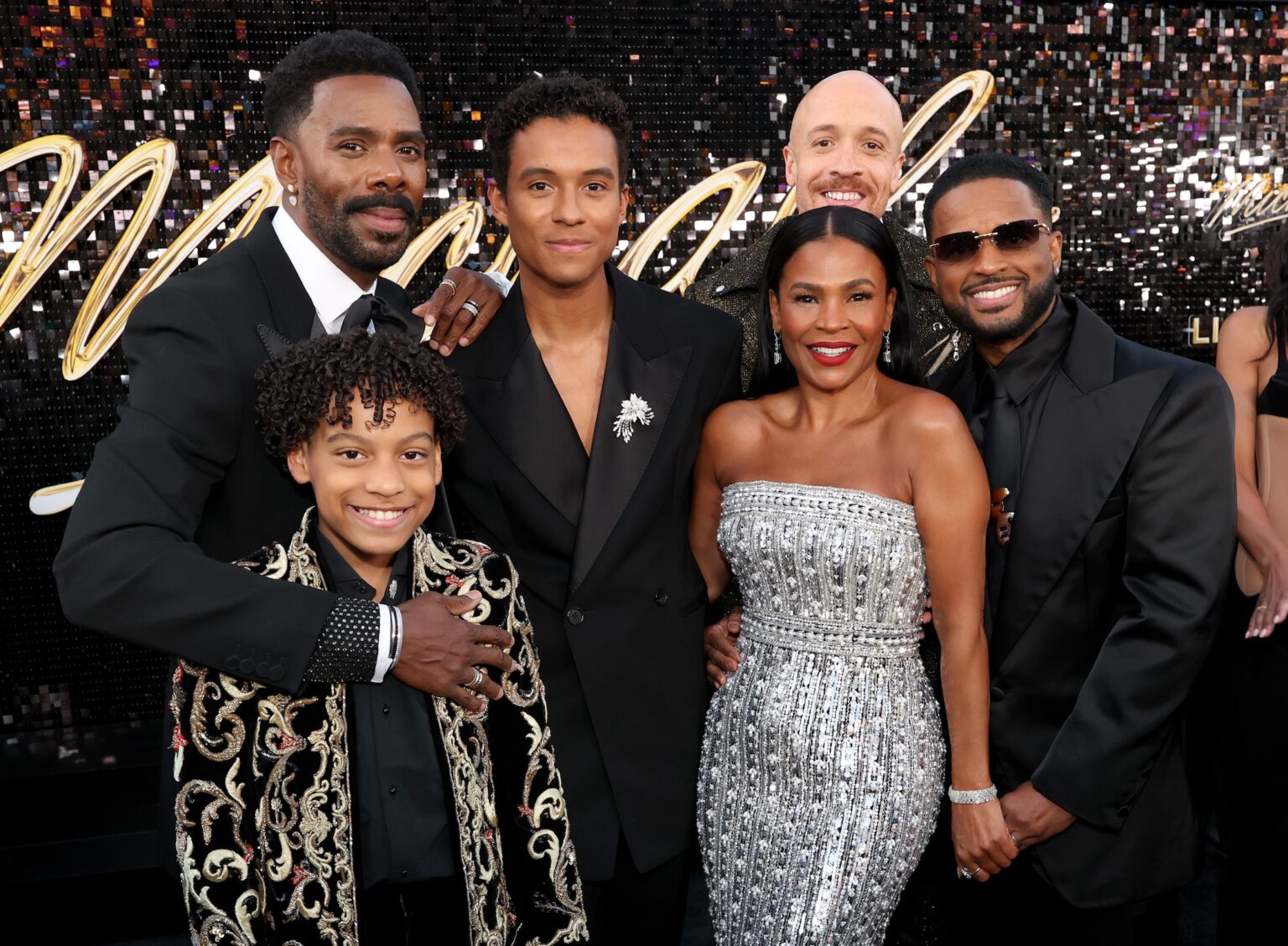 LOS ANGELES, CALIFORNIA - APRIL 20: (L-R) Colman Domingo, Juliano Valdi, Jaafar Jackson, Nia Long, KeiLyn Durrel Jones and Larenz Tate attend Lionsgate's "Michael" Los Angeles premiere at Dolby Theatre on April 20, 2026 in Los Angeles, California. (Photo by Kevin Mazur/Getty Images for Lionsgate)