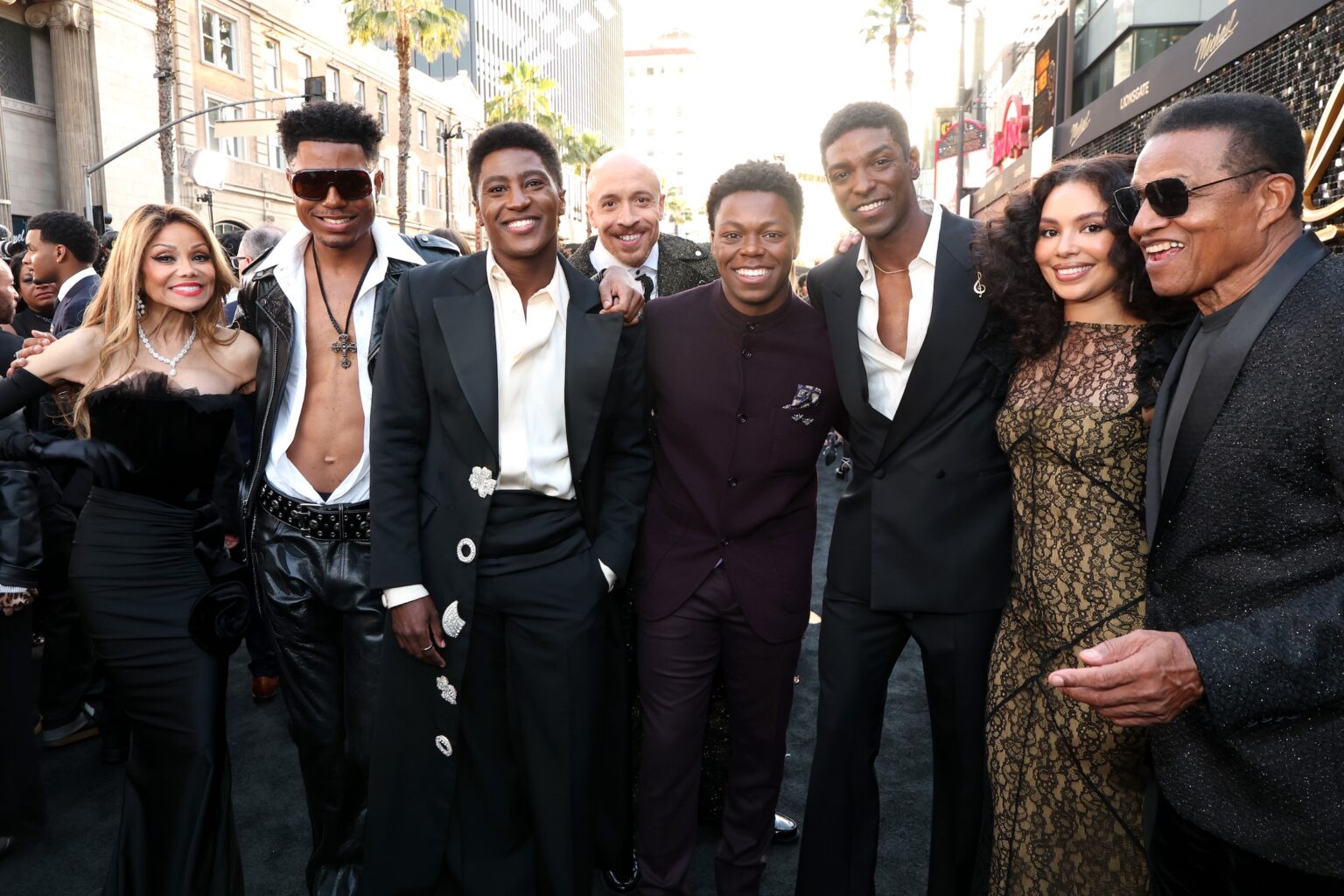 LOS ANGELES, CALIFORNIA - APRIL 20: (L-R) La Toya Jackson, Tre' Horton, Joseph David-Jones, KeiLyn Durrel Jones, Rhyan Hill, Jamal Henderson, Jessica Sula and Jackie Jackson attend Lionsgate's "Michael" Los Angeles premiere at Dolby Theatre on April 20, 2026 in Los Angeles, California. (Photo by Kevin Mazur/Getty Images for Lionsgate)