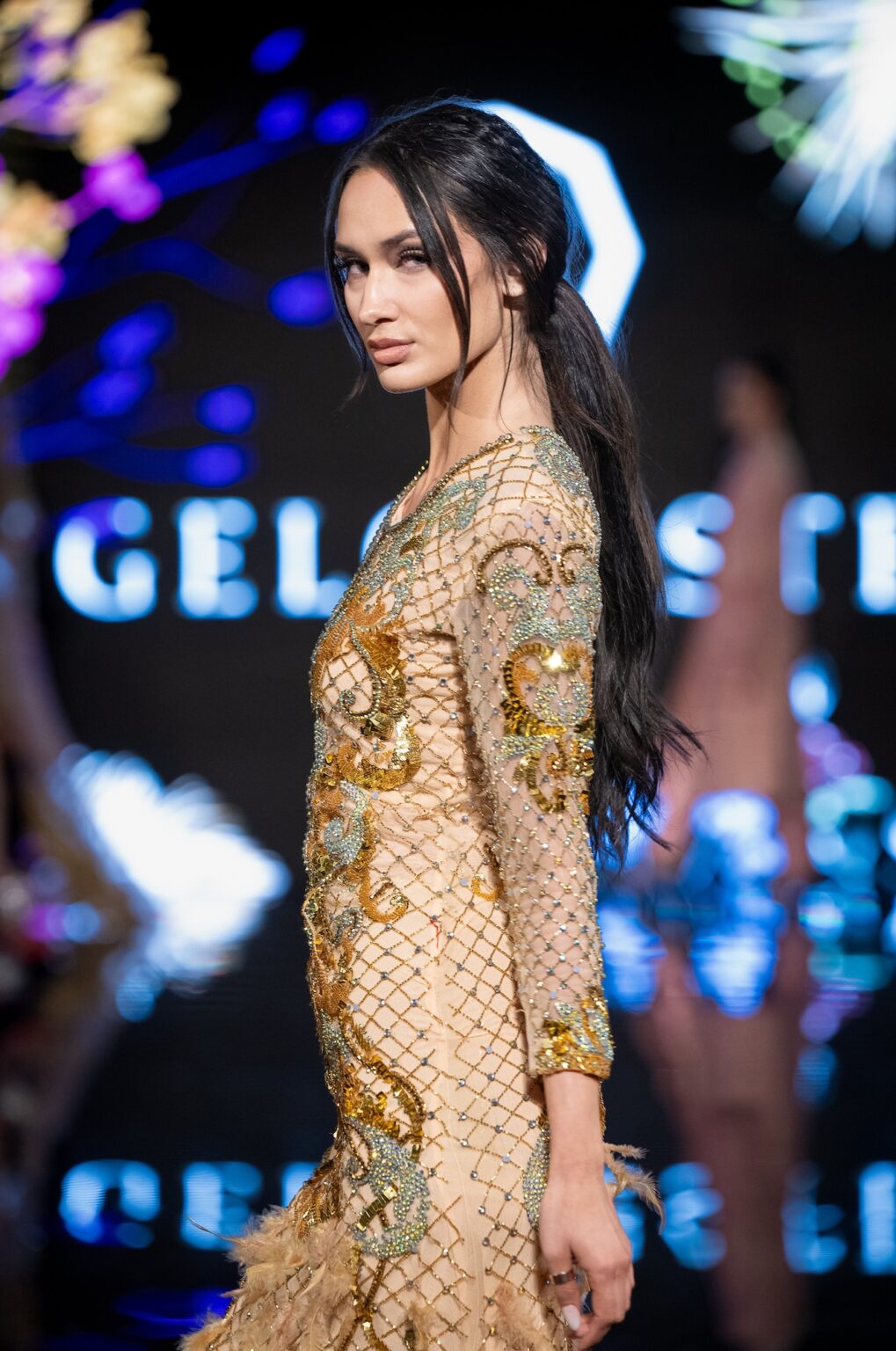 LOS ANGELES, CALIFORNIA - MARCH 13: A model walks the runway at the Angelo Estera show during Los Angeles Fashion Week Powered By Art Hearts Fashion at The Majestic on March 13, 2026 in Los Angeles, California. (Photo by Mark Gunter/Getty Images for Art Hearts Fashion)