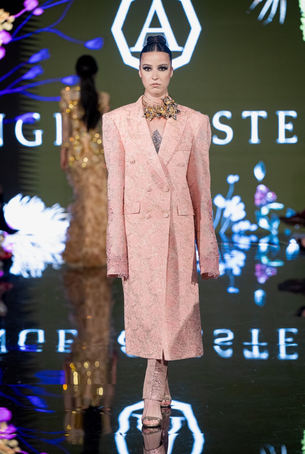 LOS ANGELES, CALIFORNIA - MARCH 13: A model walks the runway at the Angelo Estera show during Los Angeles Fashion Week Powered By Art Hearts Fashion at The Majestic on March 13, 2026 in Los Angeles, California. (Photo by Mark Gunter/Getty Images for Art Hearts Fashion)