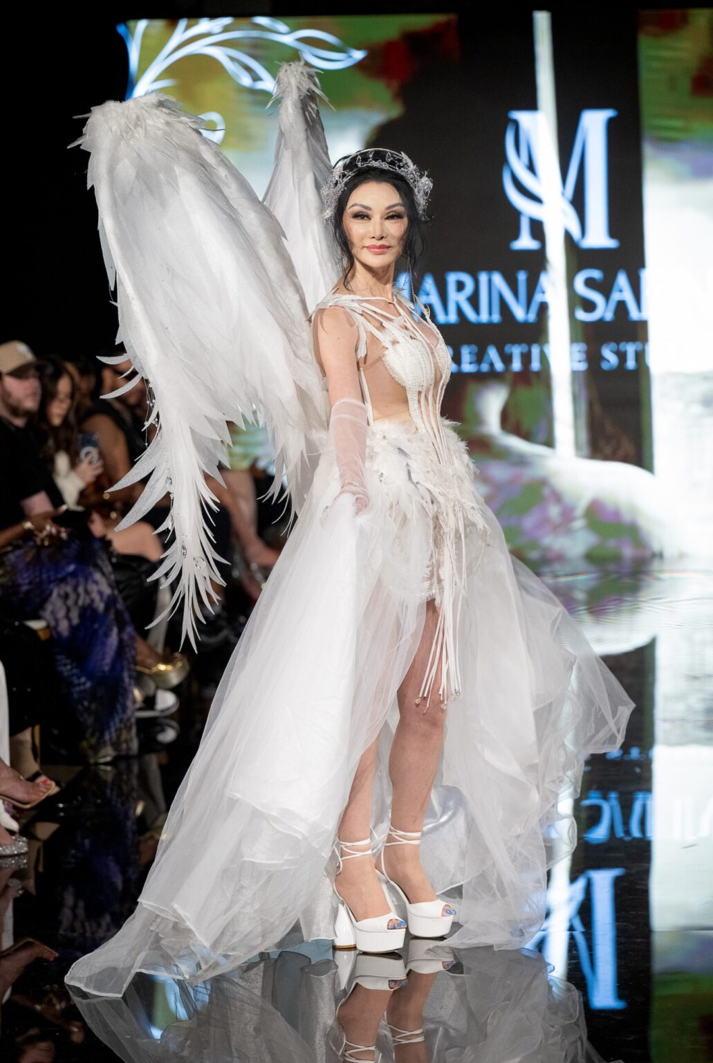 LOS ANGELES, CALIFORNIA - MARCH 13: A model walks the runway at the Marina Safina show during Los Angeles Fashion Week Powered By Art Hearts Fashion at The Majestic on March 13, 2026 in Los Angeles, California. (Photo by Mark Gunter/Getty Images for Art Hearts Fashion)
