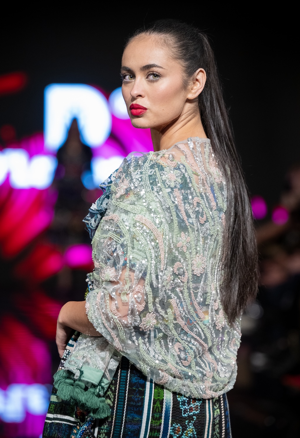 LOS ANGELES, CALIFORNIA - MARCH 14: A model walks the runway at the Textiles D' La Rossa show during Los Angeles Fashion Week Powered By Art Hearts Fashion at The Majestic on March 14, 2026 in Los Angeles, California. (Photo by Mark Gunter/Getty Images for Art Hearts Fashion)