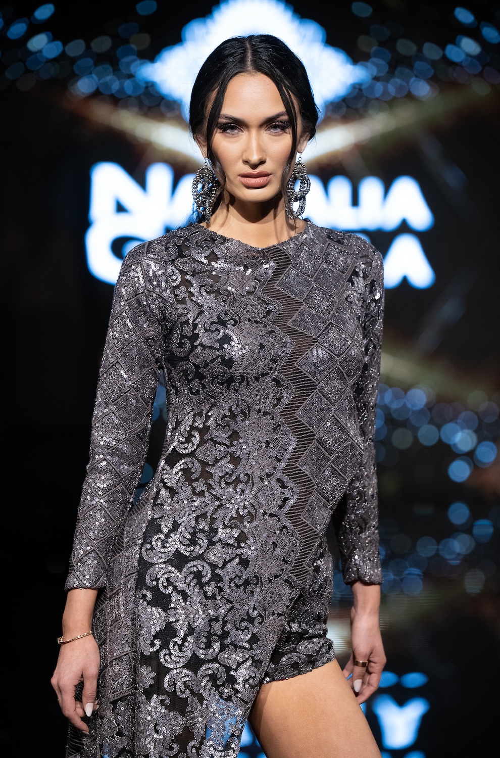 LOS ANGELES, CALIFORNIA - MARCH 14: A model walks the runway at the Nathalia Gaviria show during Los Angeles Fashion Week Powered By Art Hearts Fashion at The Majestic on March 14, 2026 in Los Angeles, California. (Photo by Mark Gunter/Getty Images for Art Hearts Fashion)