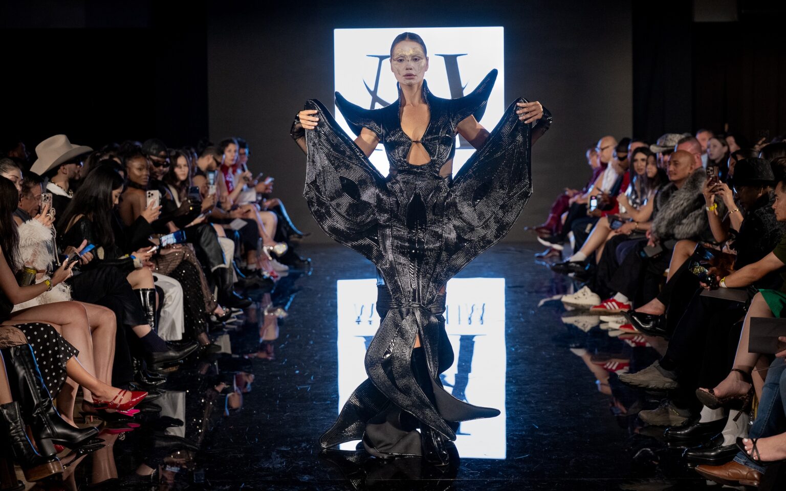 LOS ANGELES, CALIFORNIA - MARCH 13: A model walks the runway at the Morfium Fashion show during Los Angeles Fashion Week Powered By Art Hearts Fashion at The Majestic on March 13, 2026 in Los Angeles, California. (Photo by Mark Gunter/Getty Images for Art Hearts Fashion)