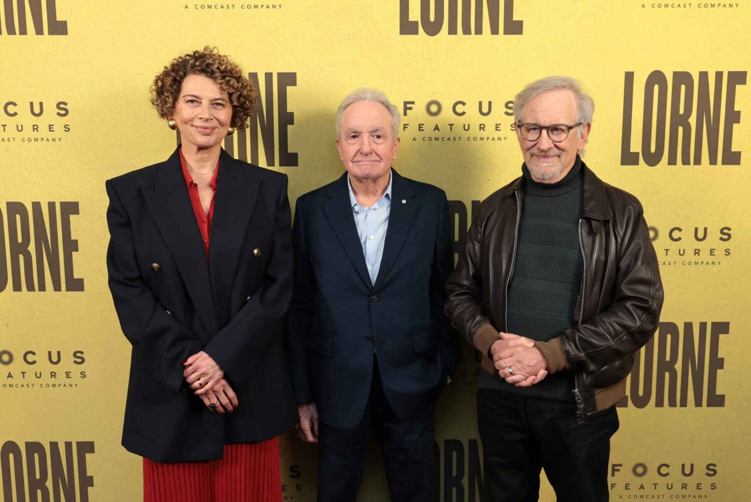 STUDIO CITY, CALIFORNIA - APRIL 14: (L-R) Donna Langley, Chairperson of Universal Pictures, Lorne Michaels and Steven Spielberg at the Focus Features' "Lorne" Los Angeles Special Screening at The Commons, Universal Studios on April 14, 2026 in Studio City, California. (Photo by Eric Charbonneau/Focus Features via Getty Images)