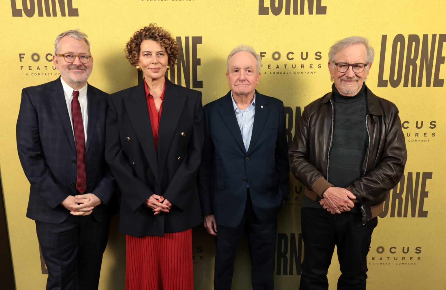 STUDIO CITY, CALIFORNIA - APRIL 14: (L-R) Writer/director/producer Morgan Neville, Donna Langley, Chairperson of Universal Pictures, Lorne Michaels and Steven Spielberg at the Focus Features' "Lorne" Los Angeles Special Screening at The Commons, Universal Studios on April 14, 2026 in Studio City, California. (Photo by Eric Charbonneau/Focus Features via Getty Images)