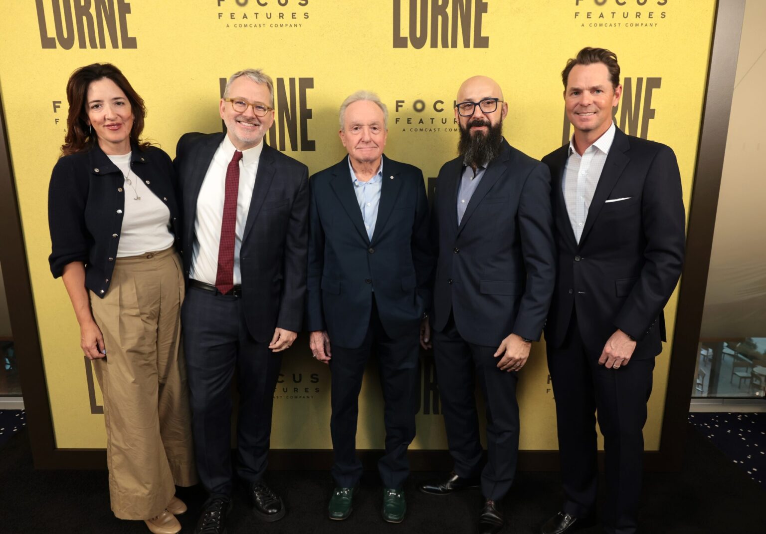 STUDIO CITY, CALIFORNIA - APRIL 14: (L-R) Kiska Higgs, President, Production & Acquisitions at Focus Features, writer/director/producer Morgan Neville, Lorne Michaels, Peter Kujawski, Chairman of Focus Features, and Jason Cassidy, Vice Chairman at Focus Features, at the Focus Features' "Lorne" Los Angeles Special Screening at The Commons, Universal Studios on April 14, 2026 in Studio City, California. (Photo by Eric Charbonneau/Focus Features via Getty Images)