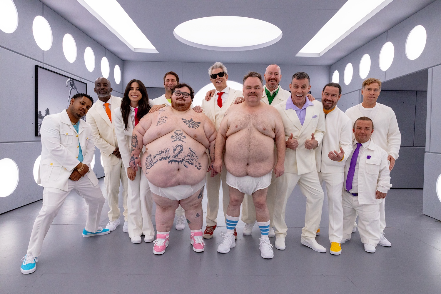 Jasper, "Dark Shark," Rachel Wolfson, Sean "Poopies" McInerney, Zach Holmes, Johnny Knoxville, Preston Lacy, Danger Ehren, Steve-O, Chris Pontius, Wee Man, Dave England in jackass: best and last from Paramount Pictures.